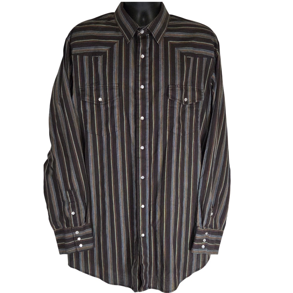 Roper Western Cowboy‎ Shirt Brown Striped Long Sleeve Button Up Mens XLT